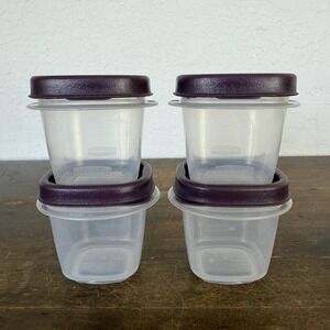Lot of 4 - 4 OZ 118ml RUBBERMAID 7J53 Clear CONTAINERS with PURPLE LIDS